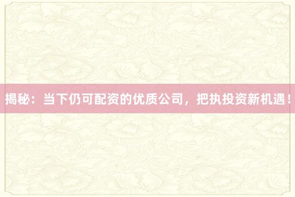 揭秘：当下仍可配资的优质公司，把执投资新机遇！